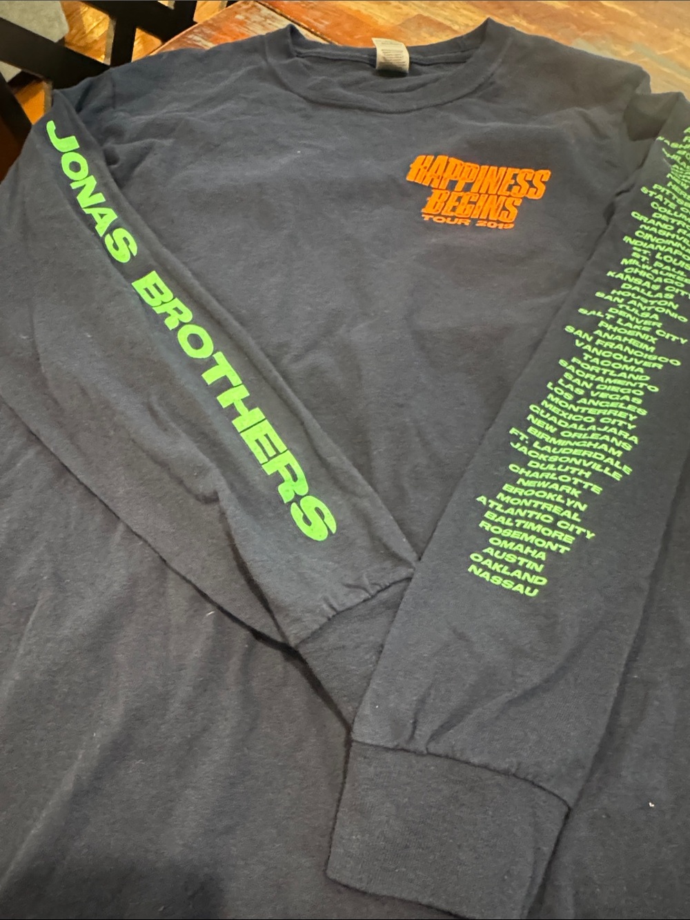 Gildan Navy Long Sleeve Tee with Neon Green and Orange Tour Graphics